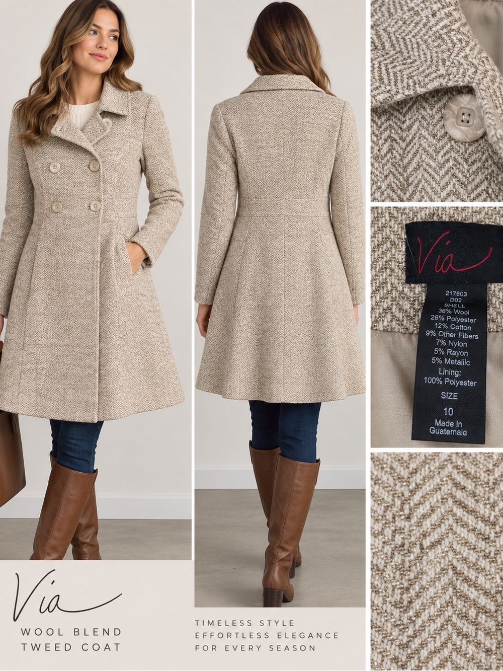 Via Cream Gold Metallic Herringbone Wool Blend Double Breasted Coat Size 10